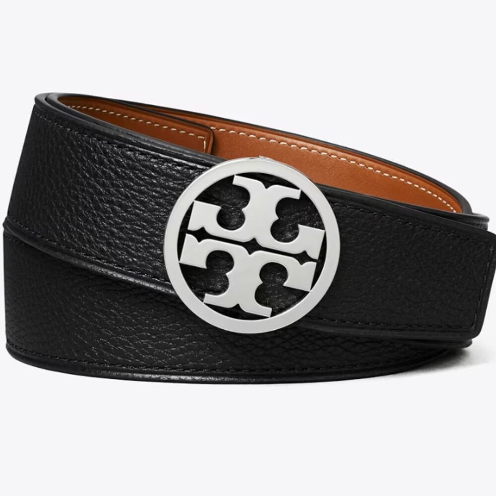 Tory Burch Black Leather Belt with Silver Logo Buckle